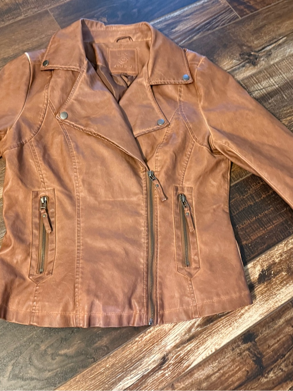 Max Studio Cognac Moto-Style Faux Vegan Leather Jacket